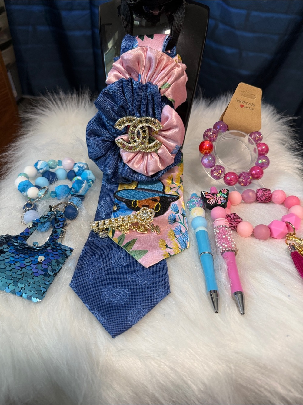Kids Pink and Blue Junk Tie with Decorative Brooch - Brand